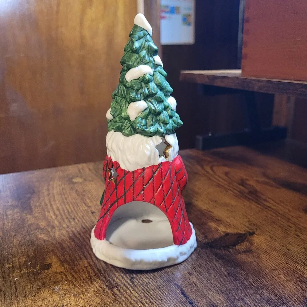 Joyful Christmas Wishes Red Glass & Santa Claus Tree Porcelain Candle Holder